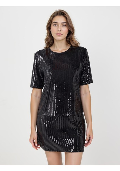 Siyah Rahat Kesim Yuvarlak Yaka Payetli Örme Bluz