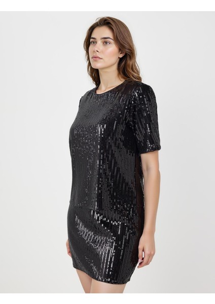 Siyah Rahat Kesim Yuvarlak Yaka Payetli Örme Bluz modelleri