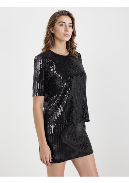 Siyah Rahat Kesim Yuvarlak Yaka Payetli Örme Bluz fırsatları