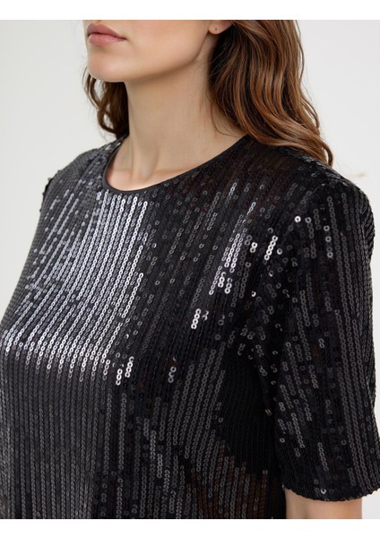 Siyah Rahat Kesim Yuvarlak Yaka Payetli Örme Bluz indirimleri