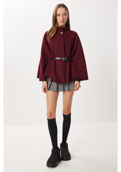 Kemerli Düğmeli Buklet Panço LDE0010 Bordo