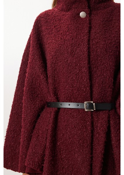 Kemerli Düğmeli Buklet Panço LDE0010 Bordo modelleri