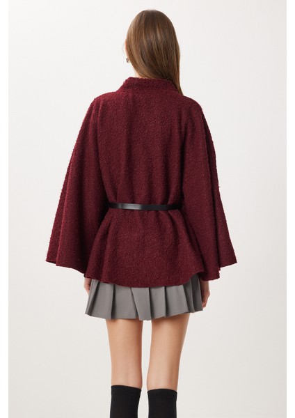 Kemerli Düğmeli Buklet Panço LDE0010 Bordo fırsatları