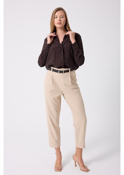 Kadın Yüksek Bel Kemerli Havuç Pantolon indirimleri