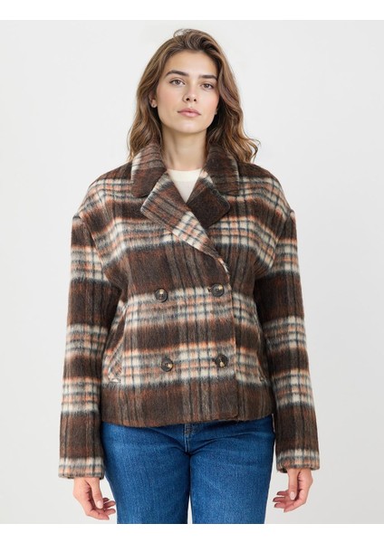 Turuncu Kruvaze Yaka Ekose Desenli Yün Karışımlı Kaşe Kaban