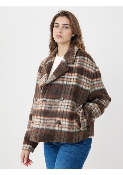 Turuncu Kruvaze Yaka Ekose Desenli Yün Karışımlı Kaşe Kaban modelleri