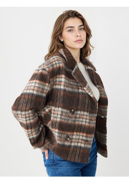 Turuncu Kruvaze Yaka Ekose Desenli Yün Karışımlı Kaşe Kaban fırsatları