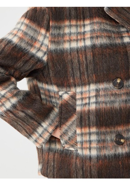 Turuncu Kruvaze Yaka Ekose Desenli Yün Karışımlı Kaşe Kaban indirimleri