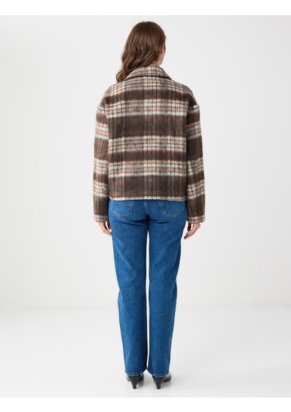 Turuncu Kruvaze Yaka Ekose Desenli Yün Karışımlı Kaşe Kaban