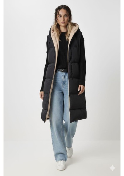 Kadın Çift Taraflı Kapüşonlu Cepli Krem-Siyah Yelek