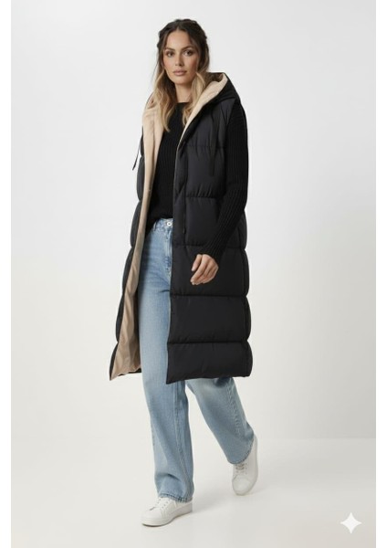 Kadın Çift Taraflı Kapüşonlu Cepli Krem-Siyah Yelek modelleri