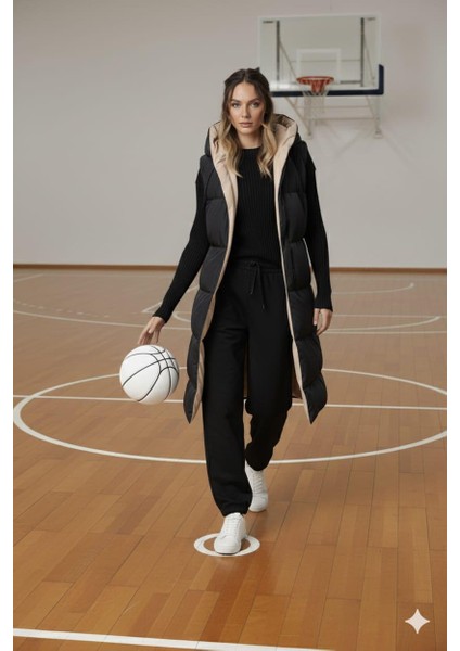 Kadın Çift Taraflı Kapüşonlu Cepli Krem-Siyah Yelek fırsatları