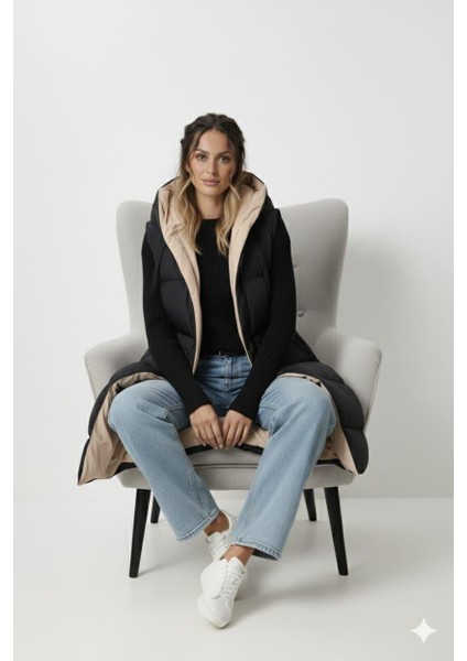 Kadın Çift Taraflı Kapüşonlu Cepli Krem-Siyah Yelek