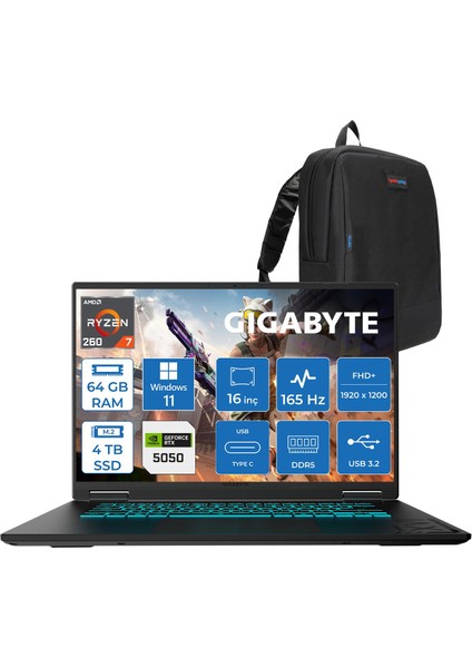 Gaming A16-3TH Amd Ryzen 7 260 64GB Ddr5 4tb SSD RTX5050 Gddr7 8gb Windows 11 Home Mux Switch 16" IPS Wuxga (1920X1200) 165HZ 300NİTS K3TR893SDH30 + Zetta Çanta