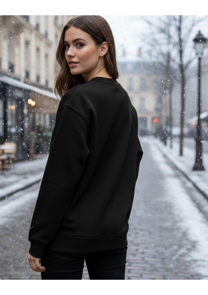 Unisex Basic Bisiklet Yaka Sweatshirt Siyah Siyah - M