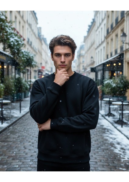 Unisex Basic Bisiklet Yaka Sweatshirt Siyah Siyah - M fiyatları