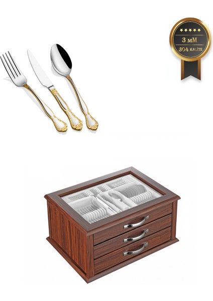 Hüma Gold Ahşap Sandıklı 90 Parça 12 Kişilik Çatal Kaşık Bıçak Takımı & Servis Seti Çekmeceli Sandık modelleri
