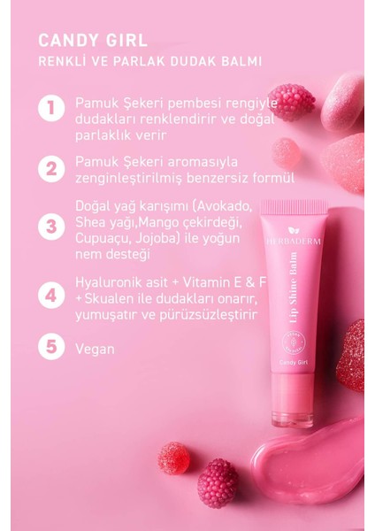 Parlatıcı, Dolgunlaştırıcı, Onarıcı Vegan Dudak Balmı, Tatlı Şeker Aromalı 10 ml