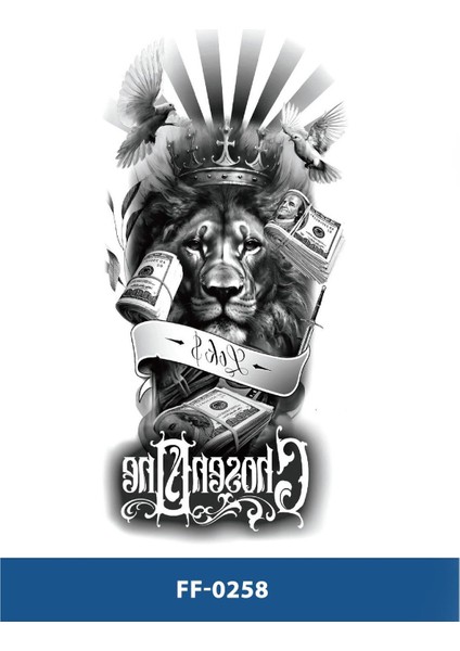 Gerçekci Aslan Kral Taç Kuş ve Dolar Desenli Geçici Dövme Tattoo