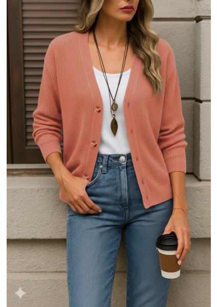 Kadın Uzun Kollu Düğme Detay Triko Bluz