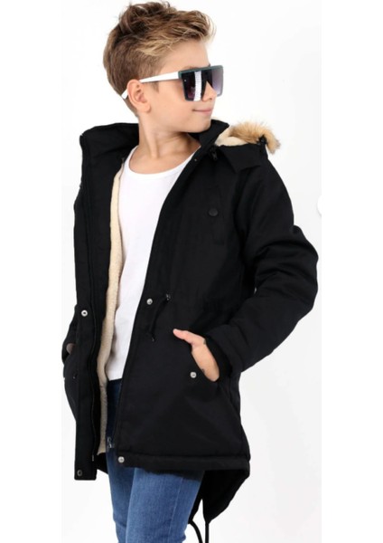Erkek Çocuk Su Geçirmez Çıkarılabilir Kapüşonlu Pelüş Kürk Astarlı Uzun Mont Kaban fiyatları