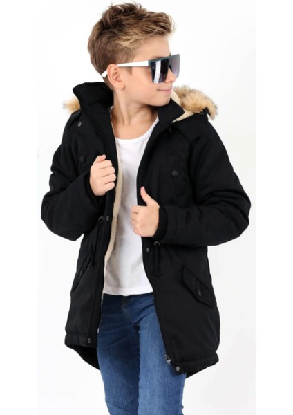 Erkek Çocuk Su Geçirmez Çıkarılabilir Kapüşonlu Pelüş Kürk Astarlı Uzun Mont Kaban