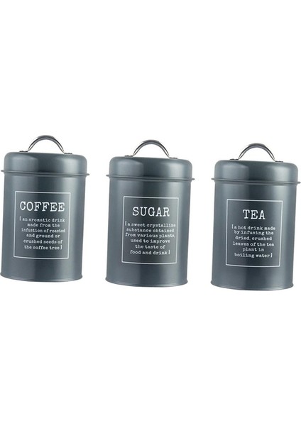 Hava Geçirmez Kapaklı 3 Mutfak Tenekesi Seti Metal Kahve Çayı Şeker Kavanozları Gri (Yurt Dışından)