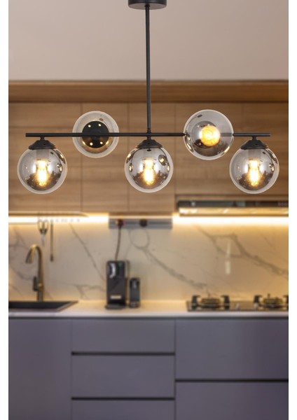 Modena 5 Li Siyah Avize-Füme Camlı Dekoratif Tasarım Yatak Odası Mutfak Salon Avize