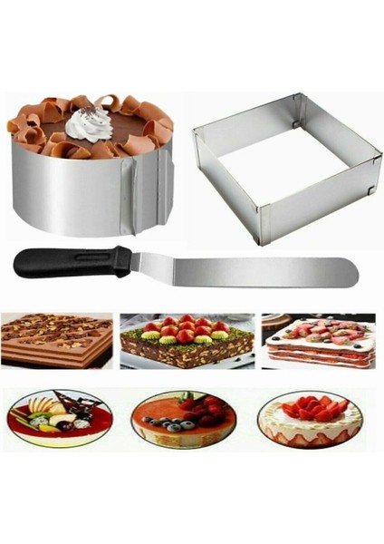 Yuvarlak Kare Ayarlı Çember 15CM Eğik Spatula 3’lü Pasta Yapım Seti,pasta Başlangıç Seti