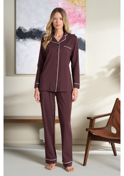 Kadın Interlok Penye Uzun Kol Pijama Takımı 3106 Kahverengi