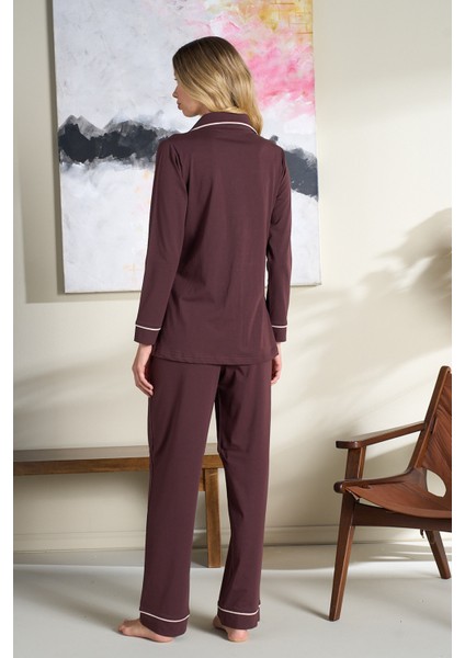 Kadın Interlok Penye Uzun Kol Pijama Takımı 3106 Kahverengi fiyatları