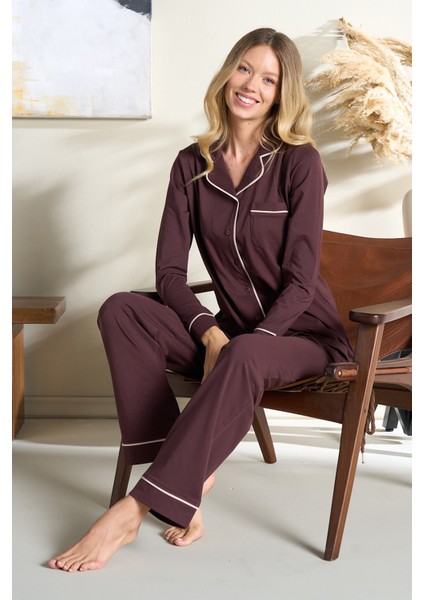 Kadın Interlok Penye Uzun Kol Pijama Takımı 3106 Kahverengi modelleri