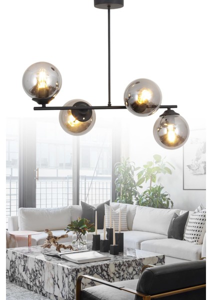 Bartın 4 Lü Siyah Avize Füme Camlı Dekoratif Tasarım Yatak Odası Mutfak Salon Avize