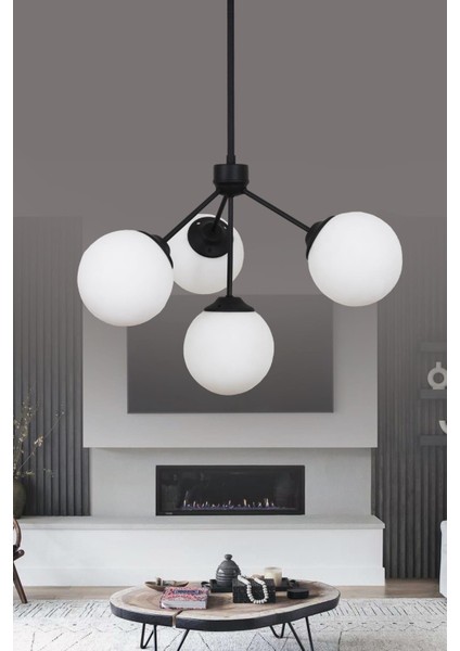 Lupin 4 Lü Siyah Avize Beyaz Camlı Dekoratif Tasarım Yatak Odası Mutfak Salon Avize