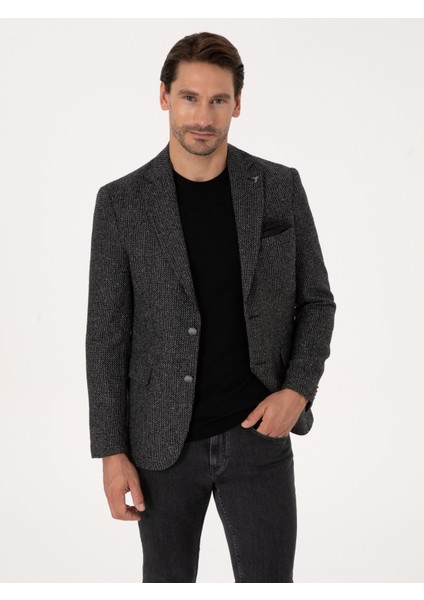 Erkek Siyah Slim Fit İpek Kaşmir Karışımlı Mikro Desenli Blazer Ceket 50310753-VR046