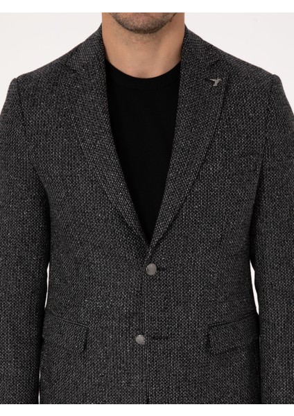 Erkek Siyah Slim Fit İpek Kaşmir Karışımlı Mikro Desenli Blazer Ceket 50310753-VR046