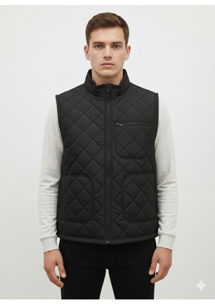 Erkek Içi Polarlı Kapitone Siyah Yelek,su Geçirmez 4 Cepli Yelek