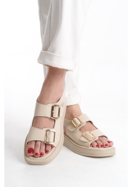 Yüksek Cilt Çift Tokalı Yazlık Kadın Dolgu Taban Krem Sandalet Ayakkabı modelleri