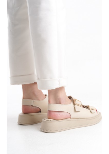 Yüksek Cilt Çift Tokalı Yazlık Kadın Dolgu Taban Krem Sandalet Ayakkabı fırsatları