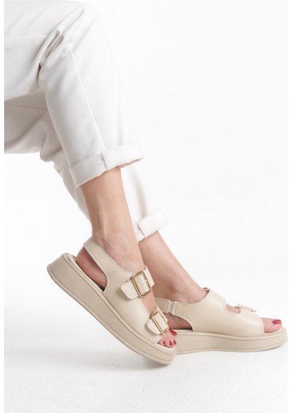 Yüksek Cilt Çift Tokalı Yazlık Kadın Dolgu Taban Krem Sandalet Ayakkabı indirimleri