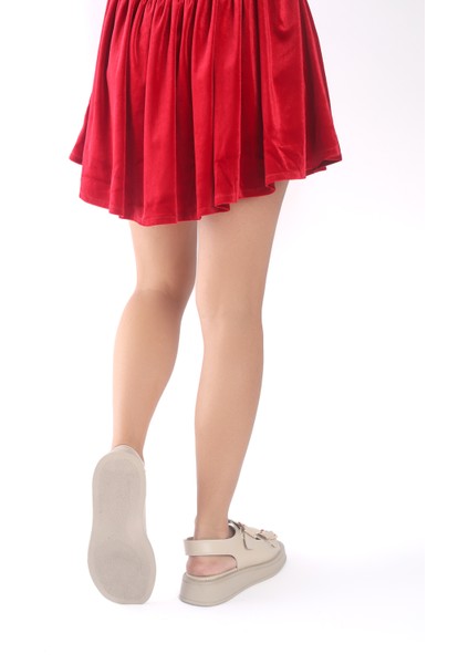 Yüksek Cilt Çift Tokalı Yazlık Kadın Dolgu Taban Krem Sandalet Ayakkabı