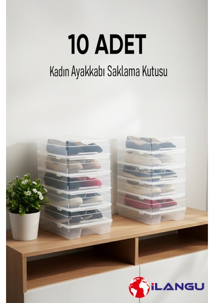 10 Adet Şeffaf Kadın Ayakkabı Saklama Kutusu-Hava Kanallı-Organizer