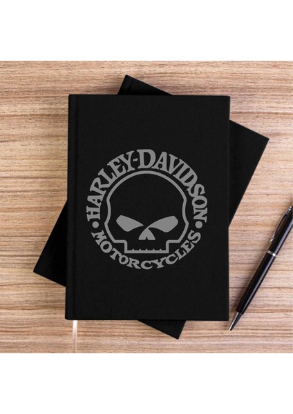 Harley Chopper Skull Logo Siyah Kanvas Defter Çizgisiz