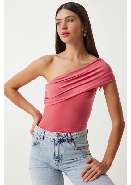 Tek Omuz Büzgülü Örme Bluz 325 LDZ0003 Şeker Pembe fiyatları