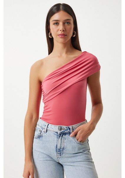 Tek Omuz Büzgülü Örme Bluz 325 LDZ0003 Şeker Pembe modelleri