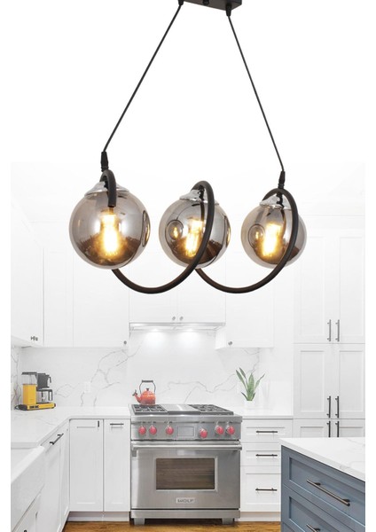 Sarmal 3 Lü Siyah Krom Avize Füme Camlı Dekoratif Tasarım Yatak Odası Mutfak Salon Avize