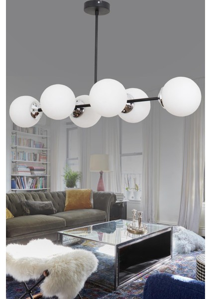 Malta 6 Lı Siyah Krom Avize-Beyaz Camlı Dekoratif Tasarım Yatak Odası Mutfak Salon Avize