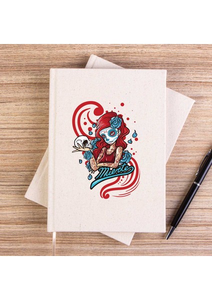 Model Girl With Red Tatto Cartoon Çizgisiz Kanvas Defter Çizgisiz