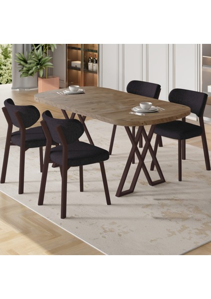 Axton Serisi Sabit Mdf 90X168 Atlantik Çam Mutfak Masa Takımı 4 Siyah Sandalye