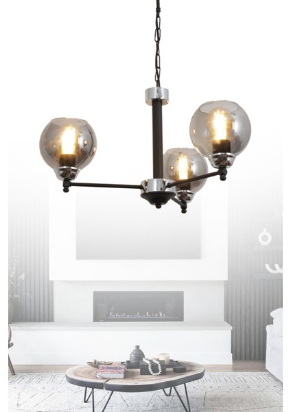 Müge 3 Lü Siyah Krom Avize 1910E Füme Camlı Dekoratif Tasarım Yatak Odası Mutfak Salon Avize